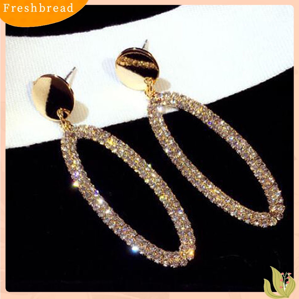 &lt; Freshbread &gt; Jam Tangan Berlian Imitasi Wanita Bentuk Oval Geometris Menjuntai Ear Drop Earrings Jewelry