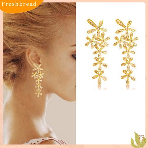 &lt; Freshbread &gt; Fashion Berlian Imitasi Penuh Panjang Snowflake Bunga Anting Ear Stud Perhiasan Pernikahan