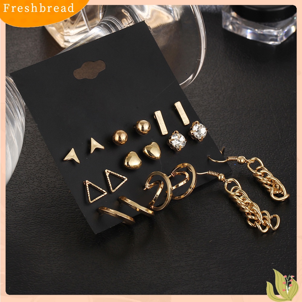 &lt; Freshbread &gt; 9pasang Fashion Wanita Berlian Imitasi Hati Bentuk Segitiga Ear Stud Hook Earrings