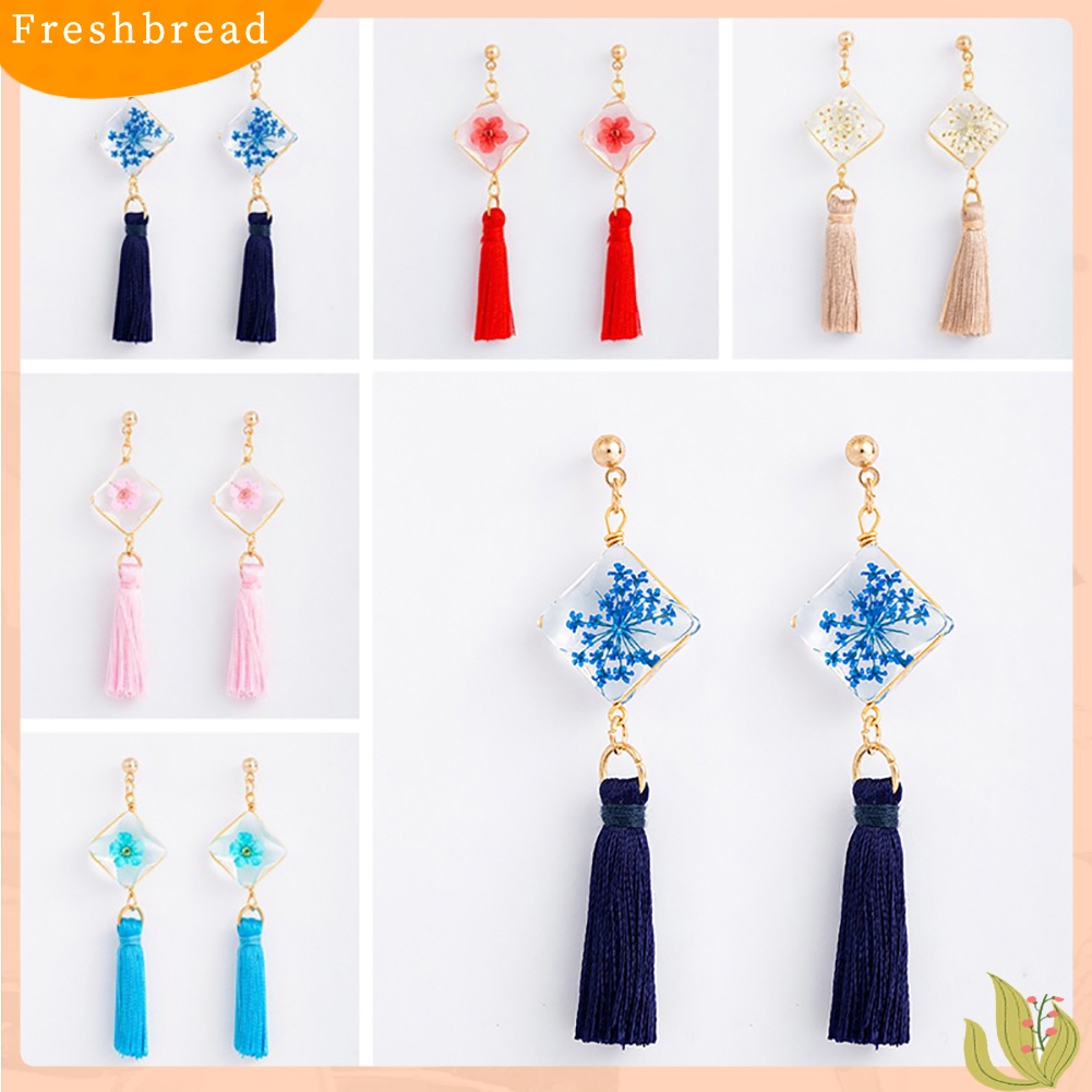 &lt; Freshbread &gt; Ethnic Square Daffodil Panjang Rumbai Menjuntai Ear Stud Earrings Wanita Perhiasan Hadiah