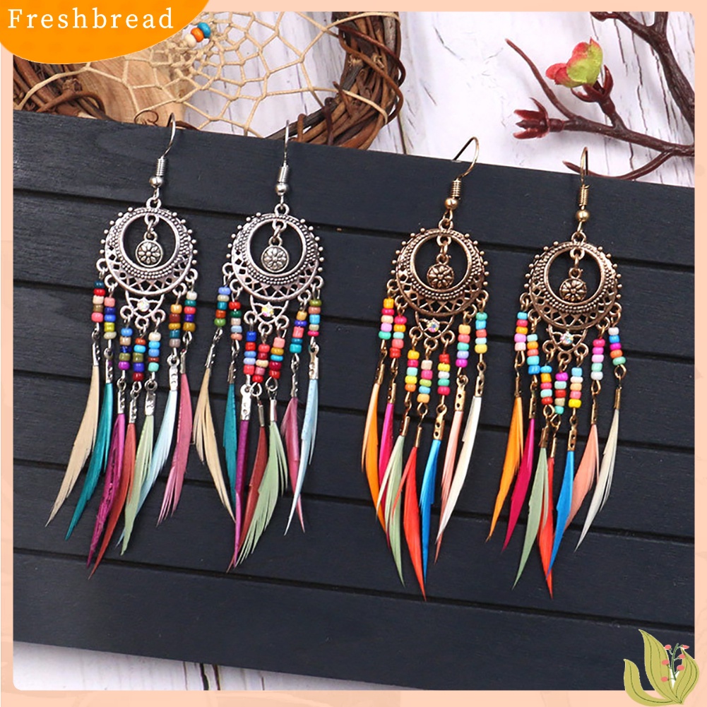 &lt; Freshbread &gt; Boho Wanita Berongga Ukir Lingkaran Bulu Rumbai Menjuntai Kait Anting Perhiasan