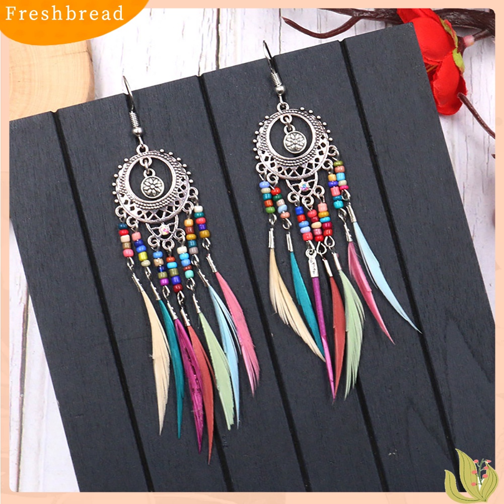 &lt; Freshbread &gt; Boho Wanita Berongga Ukir Lingkaran Bulu Rumbai Menjuntai Kait Anting Perhiasan