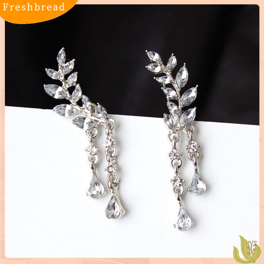 &lt; Freshbread &gt; Ear Studs Leaf Wanita Elegan Berlian Imitasi Drop Ear Manset Earrings Untuk Pacaran
