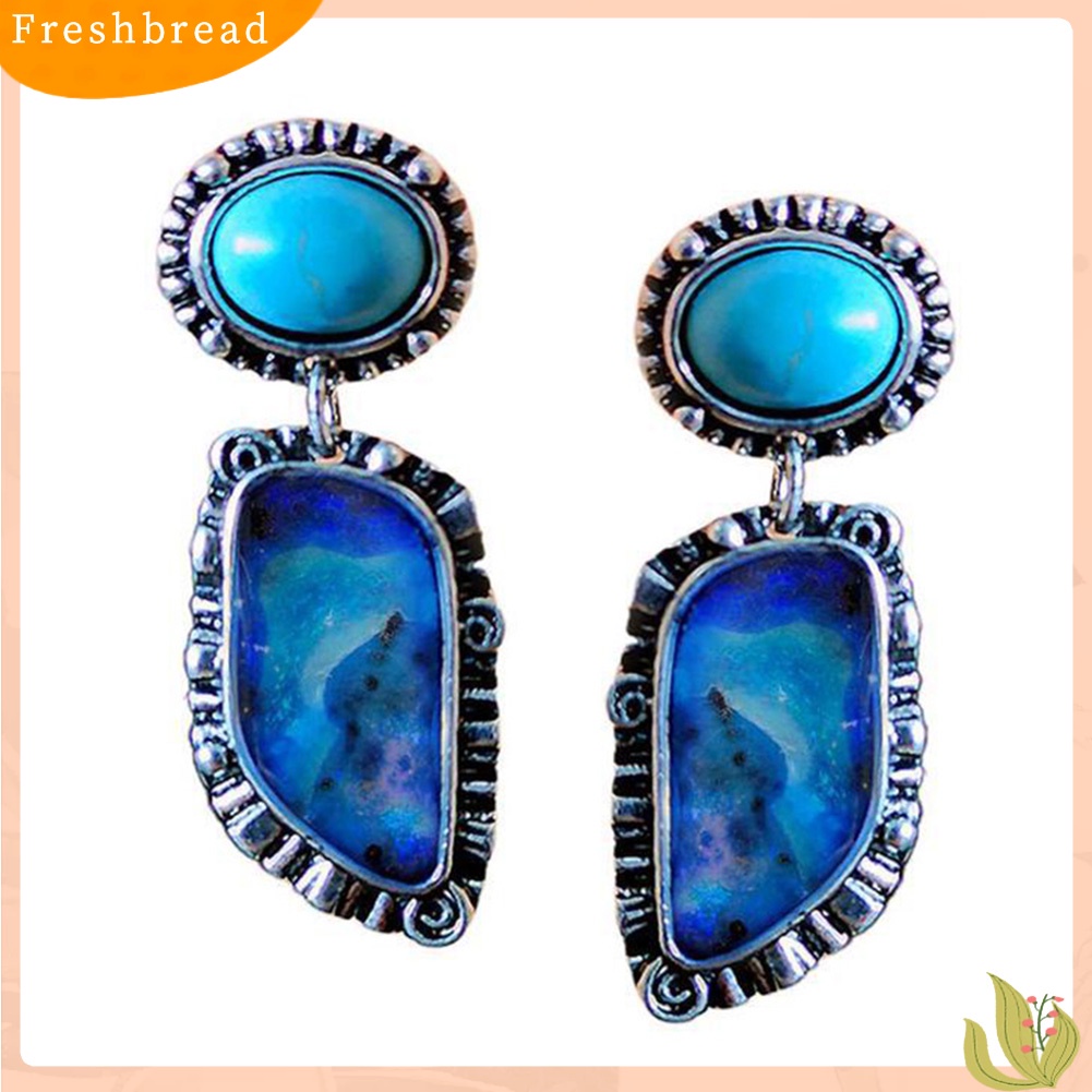 &lt; Freshbread &gt; Vintage Wanita Faux Turquoise Hias Geometris Menjuntai Telinga Stud Anting Perhiasan