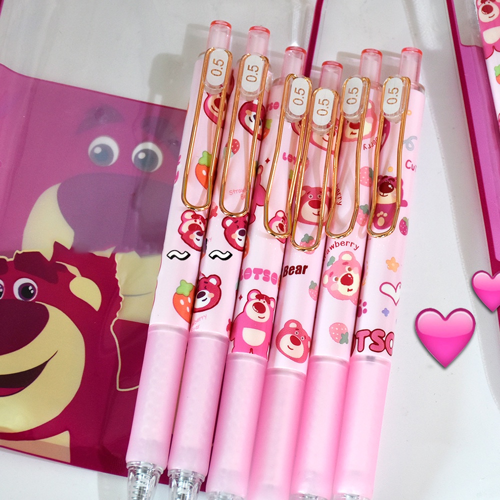 6pcs Pulpen Pink Strawberry Bear Manyo Press Gel Untuk Pelajar Sekolah Signature Pen Stationery 0.5mm