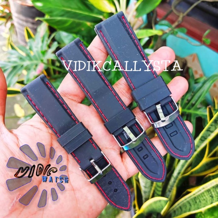 Strap Tali Jam Tangan Karet 20mm 22mm 24mm Hitam Jahit Merah