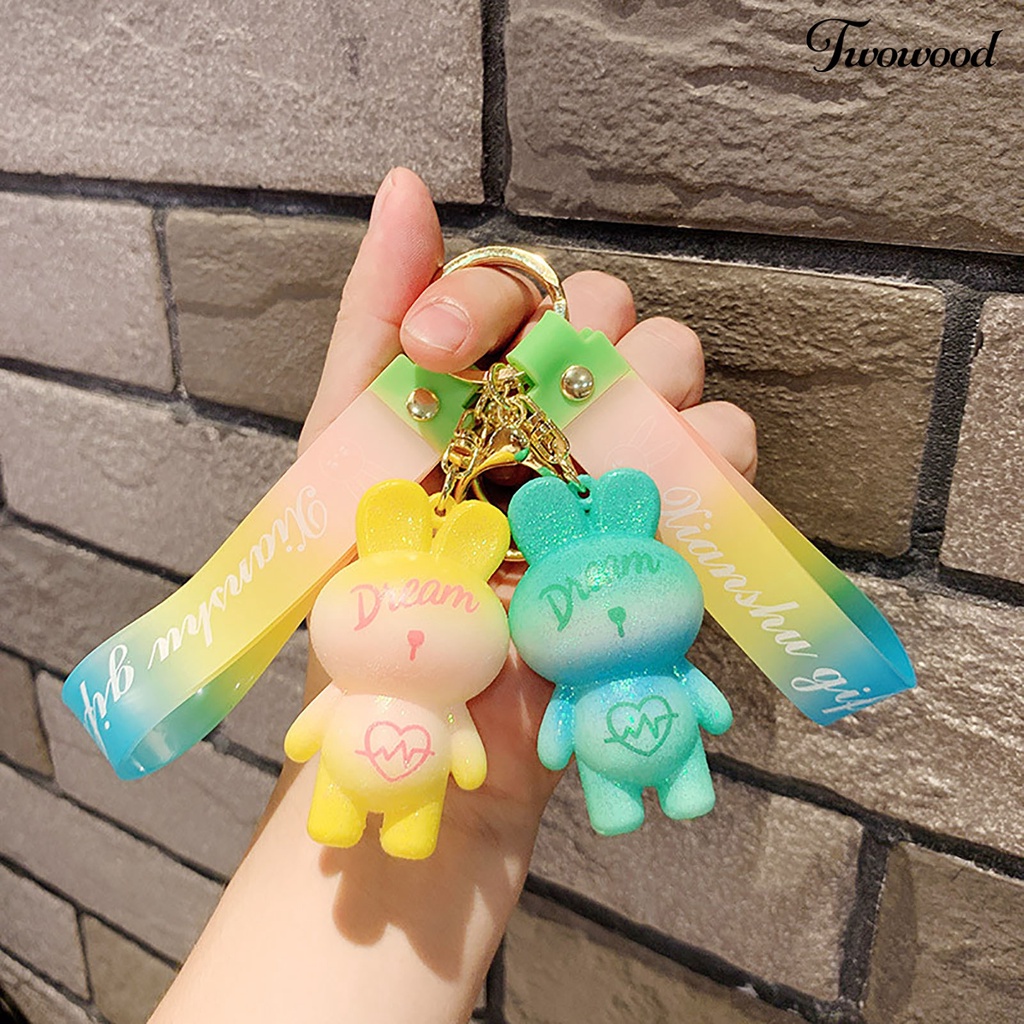 Twowood Rabbit Keychain Warna Gradien Cinta Hati 3D Boneka Silikon Hewan Lucu Bunny Car Key Ring Liontin Mahasiswa Ransel Ornamen