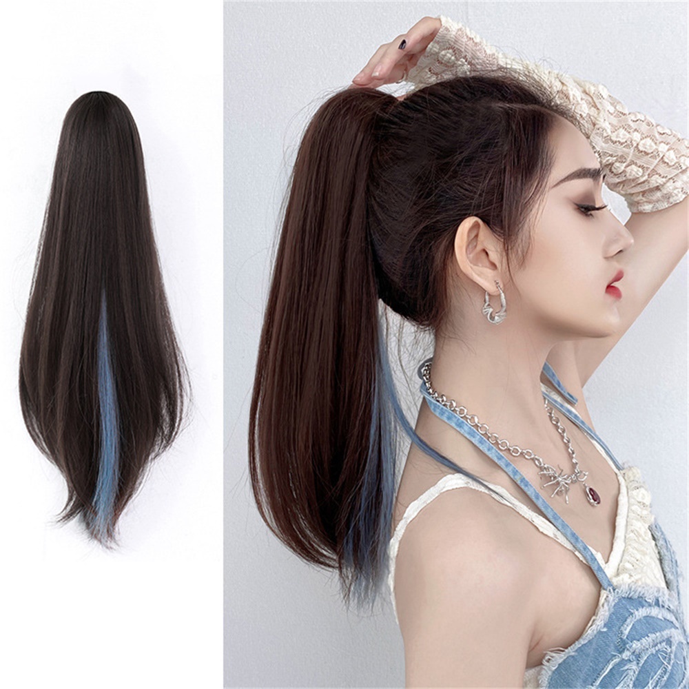 1pcs Wig Ekstensi Rambut Ponytail Panjang Lurus Tinggi Highlight Untuk Wanita Warna Biru Kabut Dengan Ponytail Claw Clip 50cm