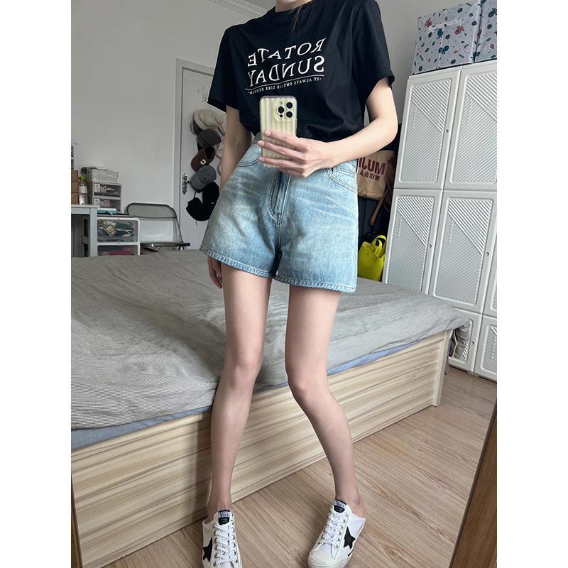 Red Retro celana pendek denim biru muda wanita 2022 versi Korea baru longgar pinggang tinggi ramping lebar kaki a-line celana tren