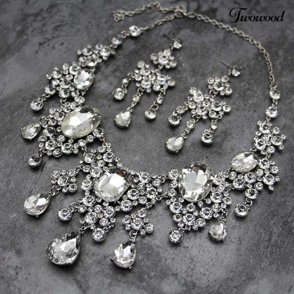 Twowood 2Pcs/Set Shiny Full Rhinestone Tassel Bridal Statement Bib Kalung Anting