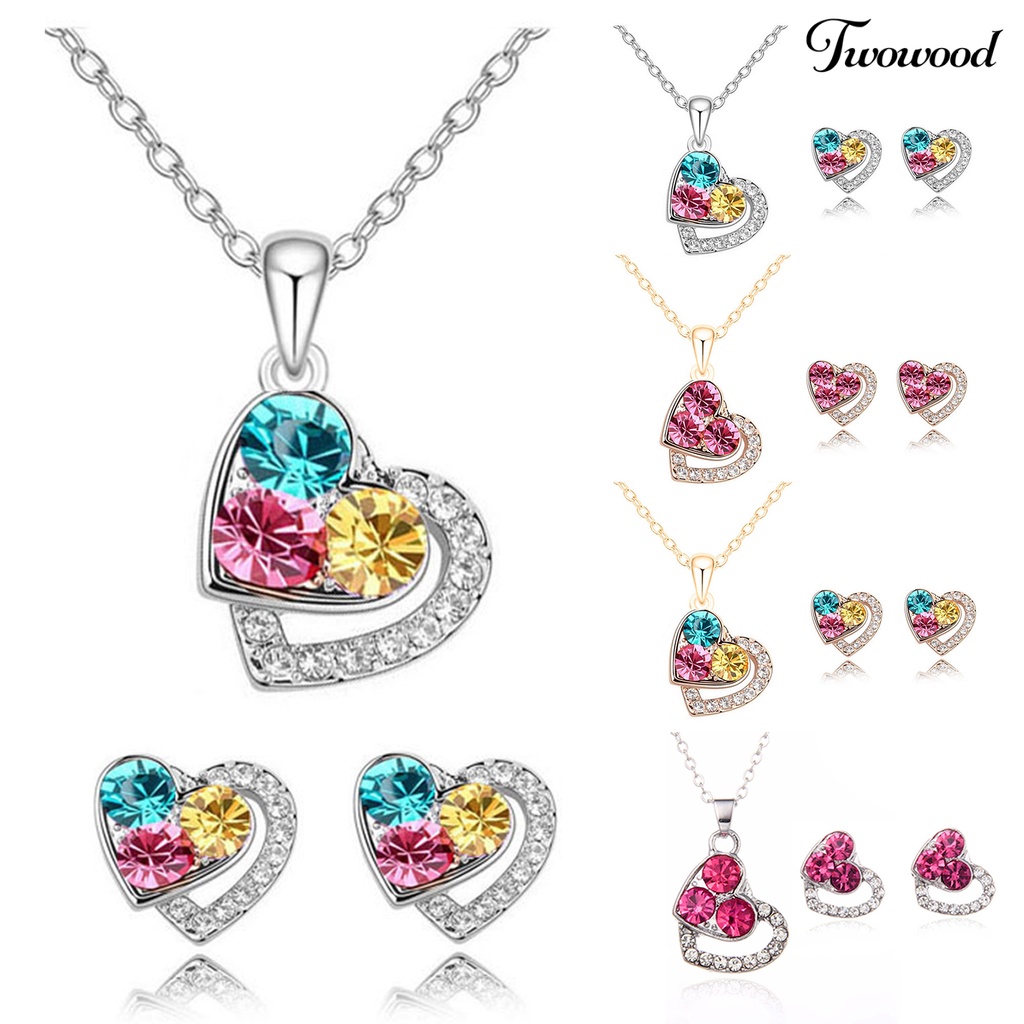 Twowood 1set Wanita Set Perhiasan Shiny Colorful Full Rhinestones Geometris Berkilau Hias Hadiah Anniversary Cinta Bentuk Hati Liontin Kalung Stud Anting Set Aksesori Fashion