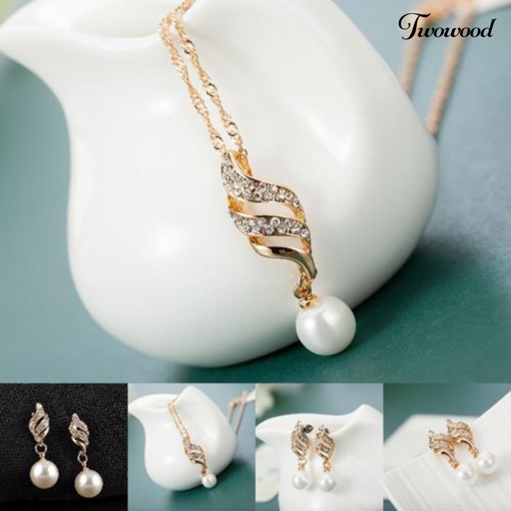 Twowood Wanita Pernikahan Berlian Imitasi Mutiara Imitasi Spiral Liontin Kalung Anting Set Perhiasan