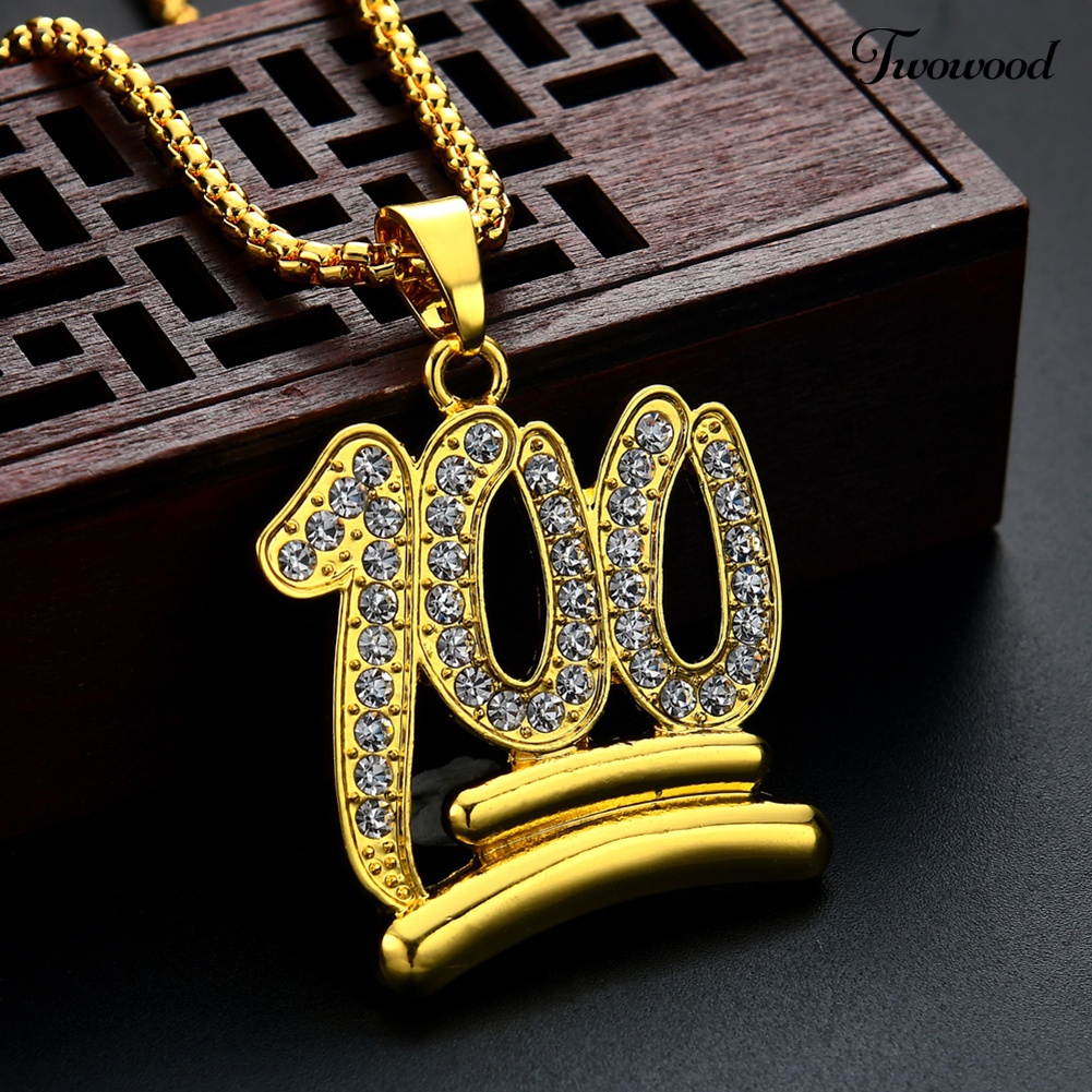 Twowood Pria Hip Hop Twist Rantai Berlian Imitasi Nomor100 Liontin Kalung Street Jewelry