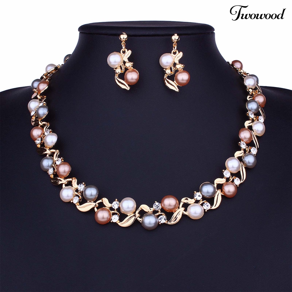 Twowood 2Pcs/Set Adjustable Extension Rantai Kalung Anting Set Telinga Studs Mutiara Imitasi Bridal Earrings Necklace Set Perhiasan Aksesori