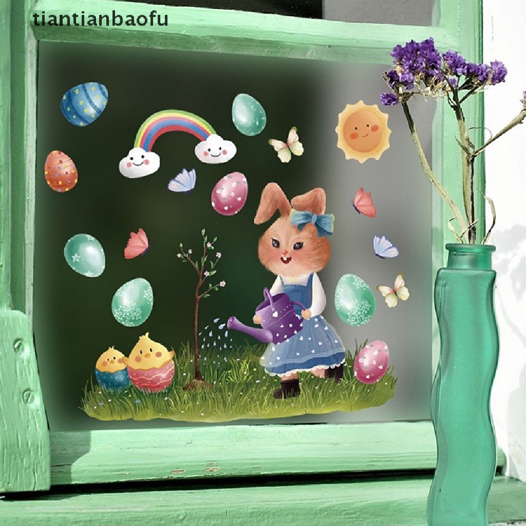 [tiantianbaofu] 1pc Happy Easter Stiker Jendela Kaca Warna Warni Bunny Eggs Wall Decal 20x30cm Butik