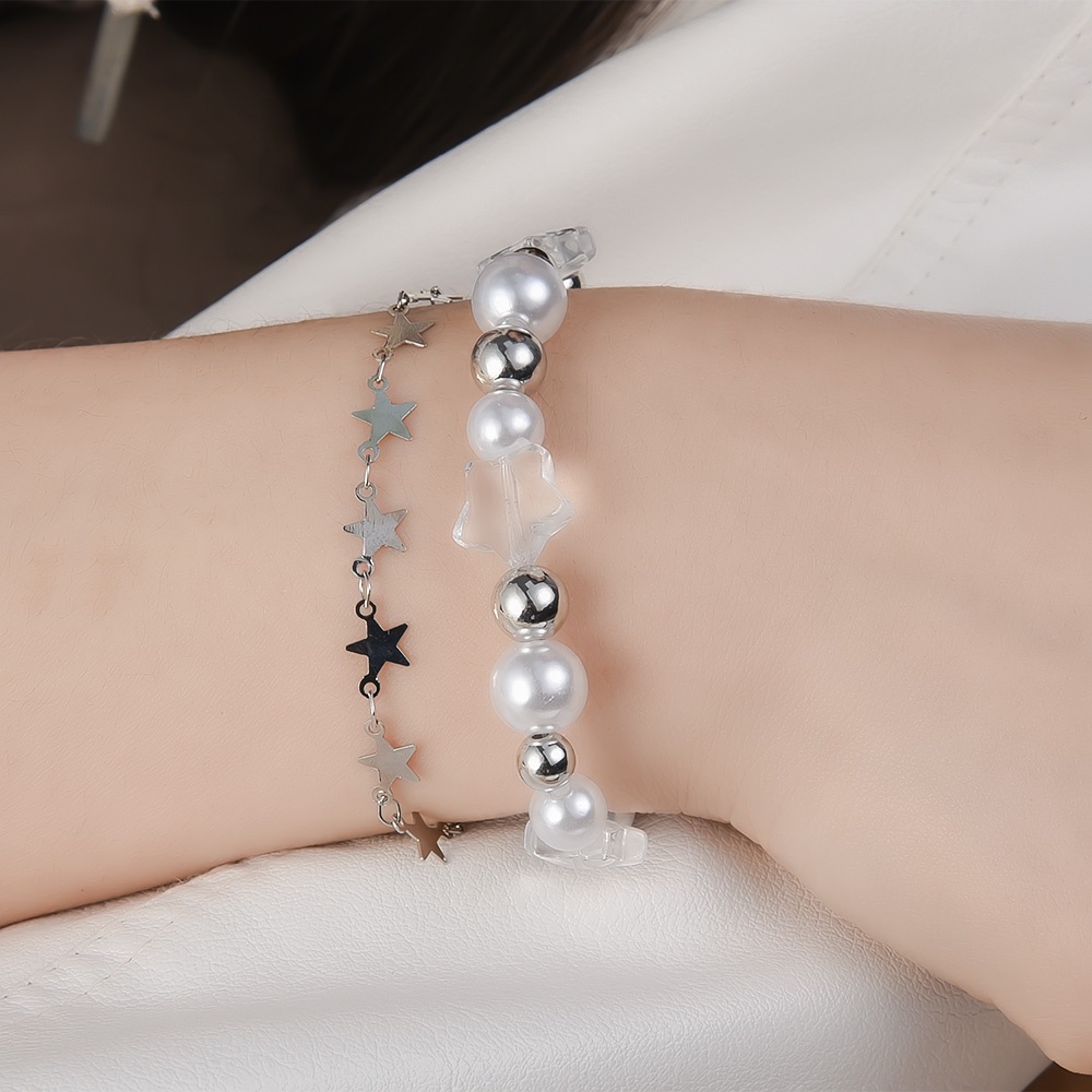 Women Double Wrap Stars Pearl Bracelets/Gelang Manik-Manik Manset Cewek/Ladies Simple Trendy Bangles/Niche Design Canggih Retro Joker Jewelry/Aksesoris Perhiasan