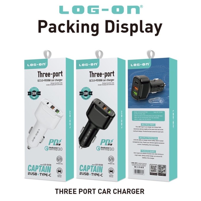 LOG ON CAR CHARGER 3PORT USB LO-SV30 PD+QC3.0 (KEPALA CHARGER MOBIL