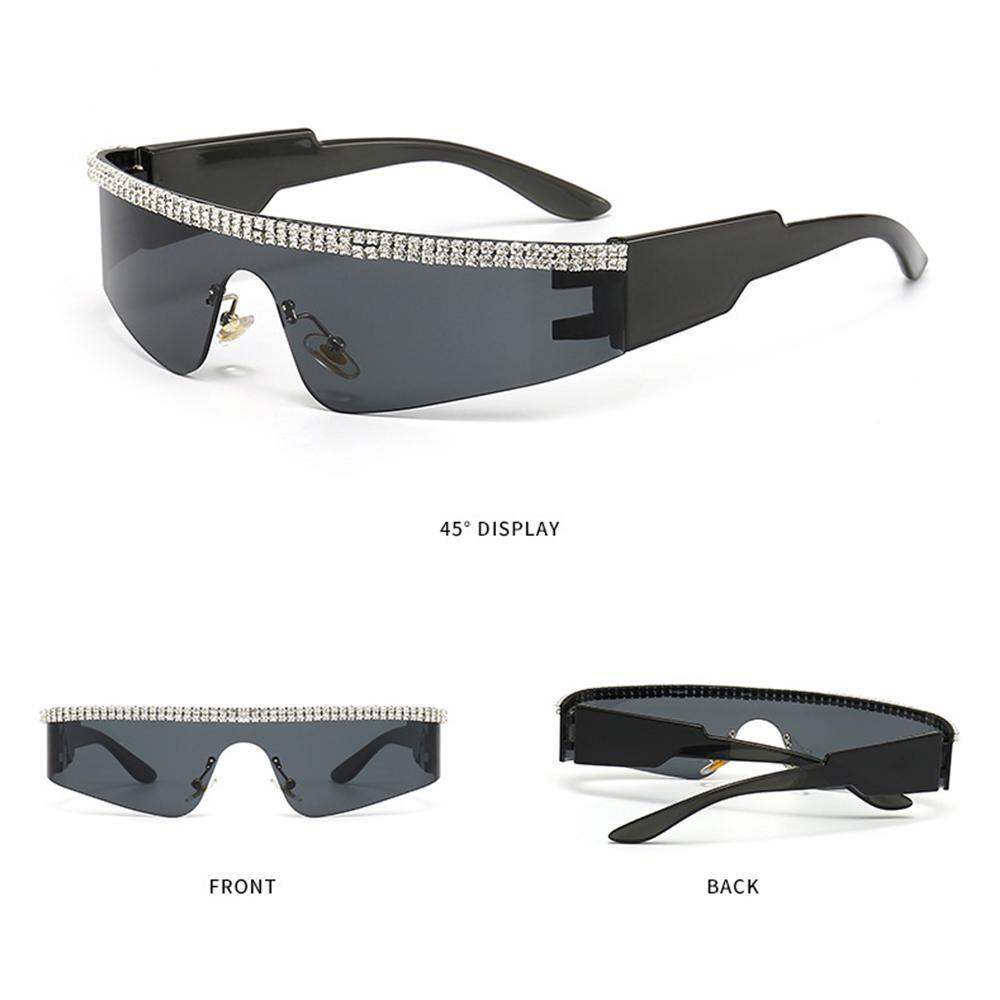 Lily Y2K Kacamata Hitam Shiny Futuristik Diamond Shades Hip Hop One Piece Goggles