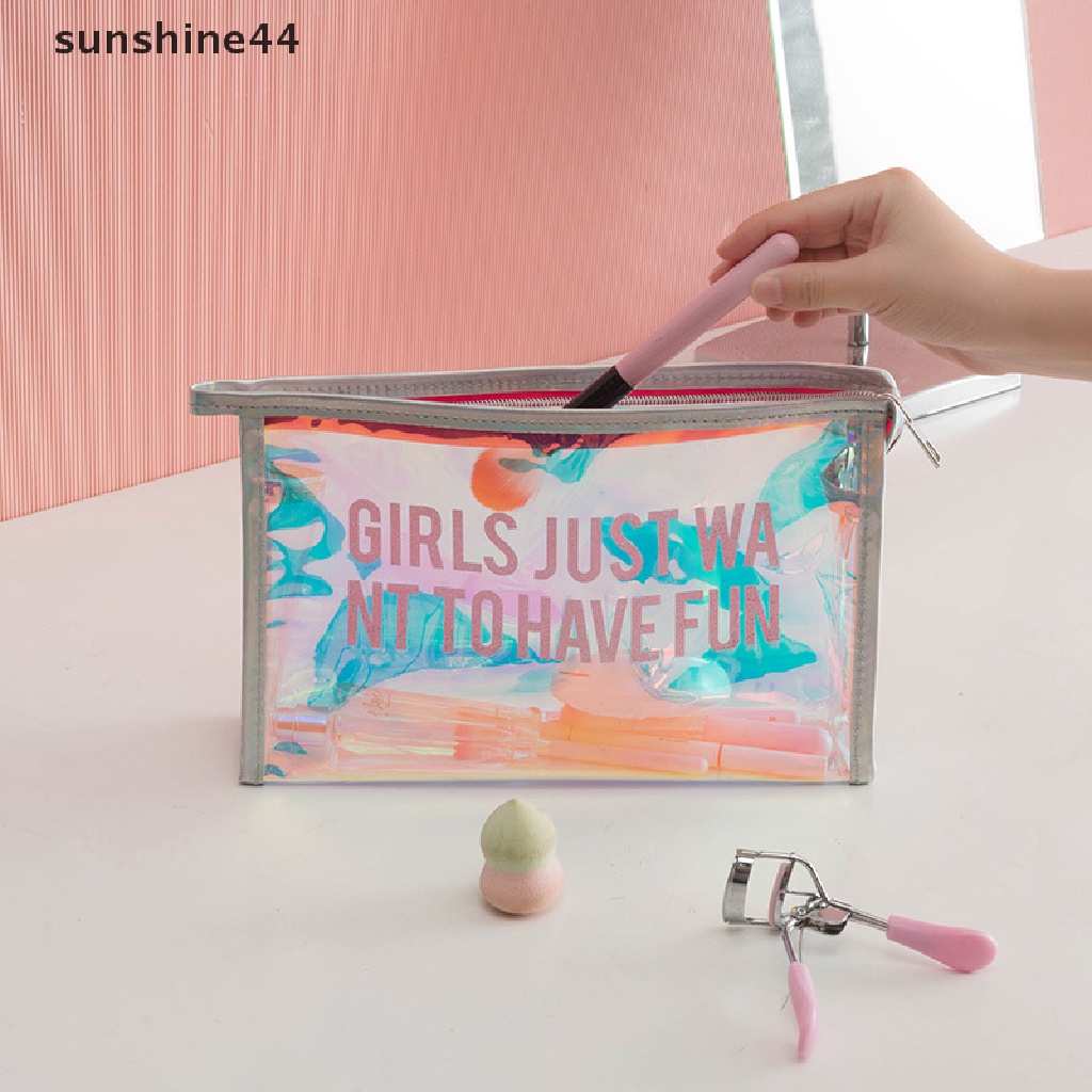 Sunshine Tas Kosmetik Laser Transparan Zipper Wanita Anti Air Makeup Case PVC Kecantikan Make Up Pouch Jelly Lady Organizer Storage Bag ID