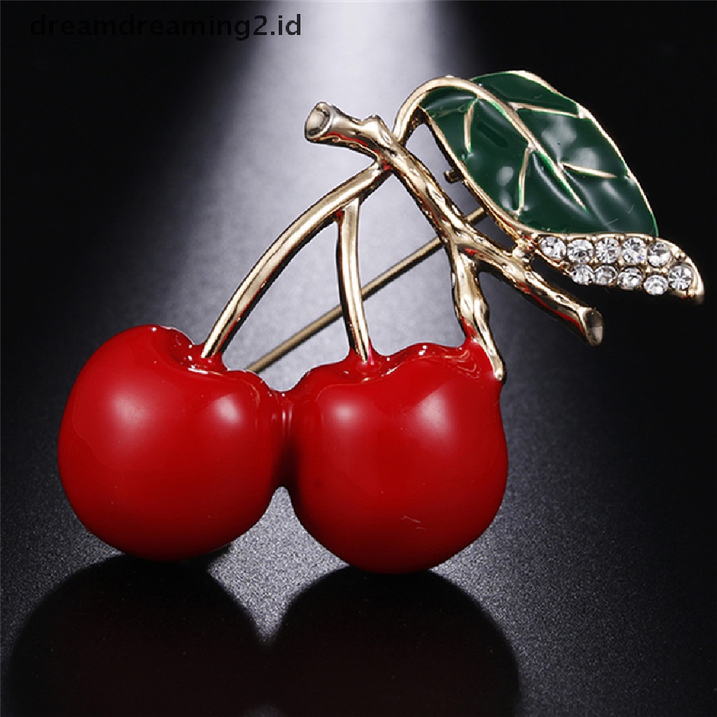 (hot) Enamel Merah Cherry Logam Bros Pin Tombol Kristal Bros Sweater Klip Perhiasan//