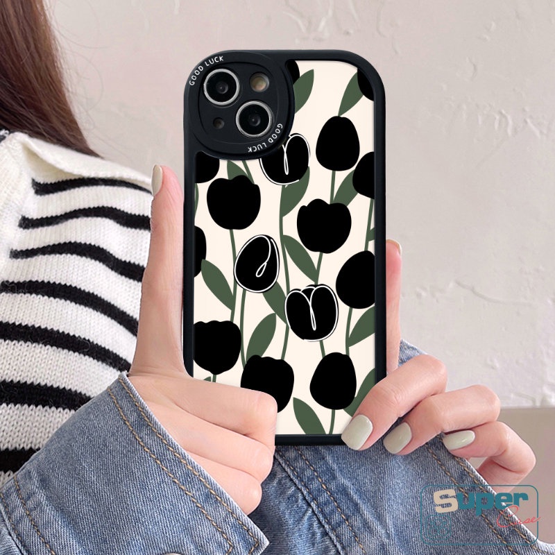 Casing Bunga Tulip Hitam Simple Untuk Realme C53 9i 8 5i 8i 7i 6s 6i 6 5 8Pro C35 C15 C12 C25Y C17 C2 C3 C11 C31 C20A C21Y C30 C20 C25s C17 C21 GT Soft Tpu Couple Shockproof Cover