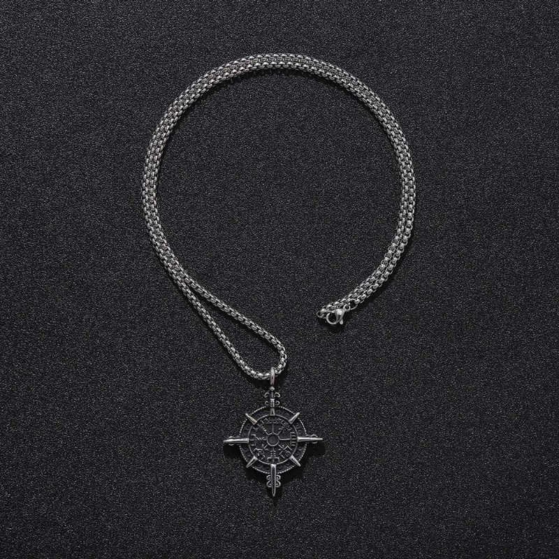 [X C Kalung] Baru Silvery Vintage Viking Rune Jimat Salib Liontin Punk Hip Hop Stainless Steel Kalung Hadiah Pesta Ulang Tahun Untuk Pria Dan Wanita