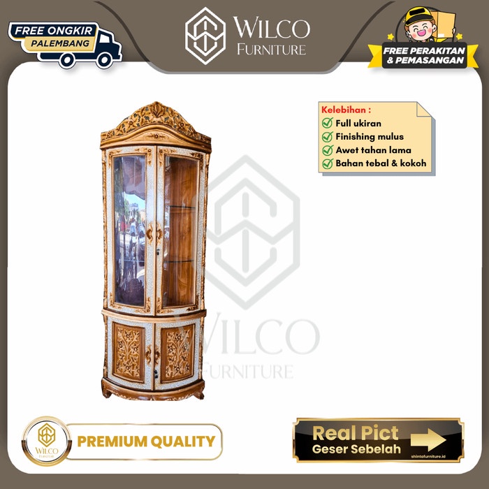 Lemari Sudut Hias Jati Ukir Anggrek / Lemari Kaca Sudut Jati Jepara JATIRA Palembang
