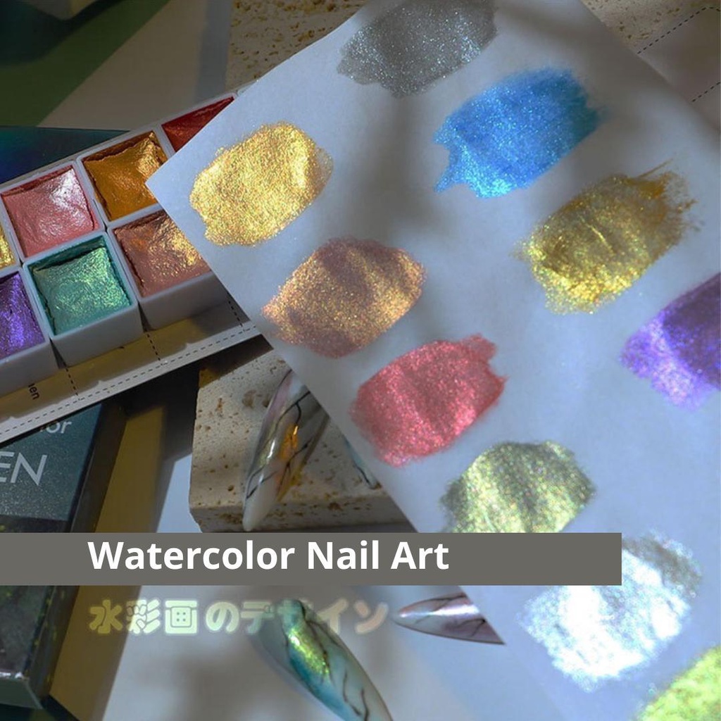 Misscheering GLITTERY WATER COLOR NAIL ART 12 WARNA /CHROME PEARL WATER COLOR MARBLE KUKU