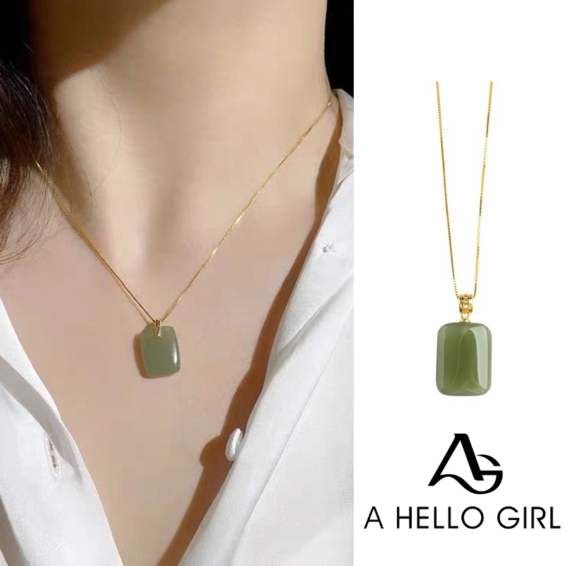 Hellogirl Kalung Rantai Lapis Emas 18K Dengan Liontin Batu Giok Hetian Untuk Wanita