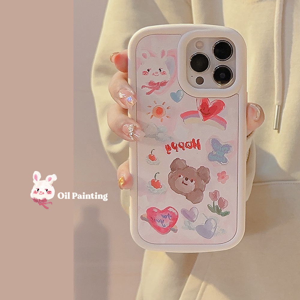 IPHONE Ins Lukisan Cat Minyak Beruang Dan Kelinci Pola Kulit Lembut Shockproof Phone Case Covers Untuk Iphone11 12 13 14 PLUS PRO MAX
