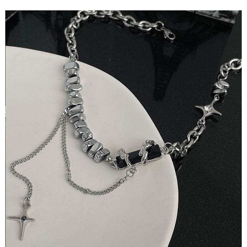 Gletser Laut Biru Rumbai Kalung Cinta Pin Desain Kecil Blok Hitam Splice Starlight Cross Necklace Perempuan