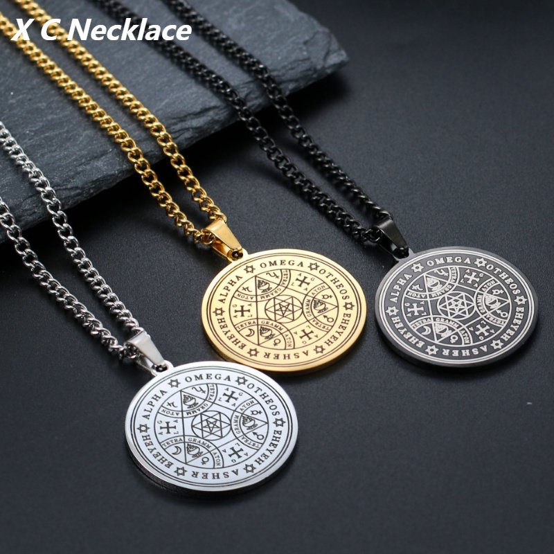 [X C Kalung] Baru Emas &amp; Perak Hip Hop Punk Vintage Enochian Angel Magic Jimat Hexagram Bintang Titanium Steel Liontin Anti Karat Kalung Pria &amp; Wanita Hadiah Liburan Perhiasan