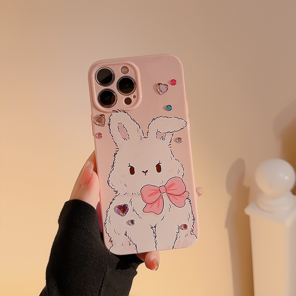 IPHONE Cute Pink Bunny Kelinci Perlindungan Penuh Lembut Casing Ponsel Cover Dengan DIY Berlian Imitasi Stiker Untuk Iphone11 12 13 14 PLUS PRO MAX