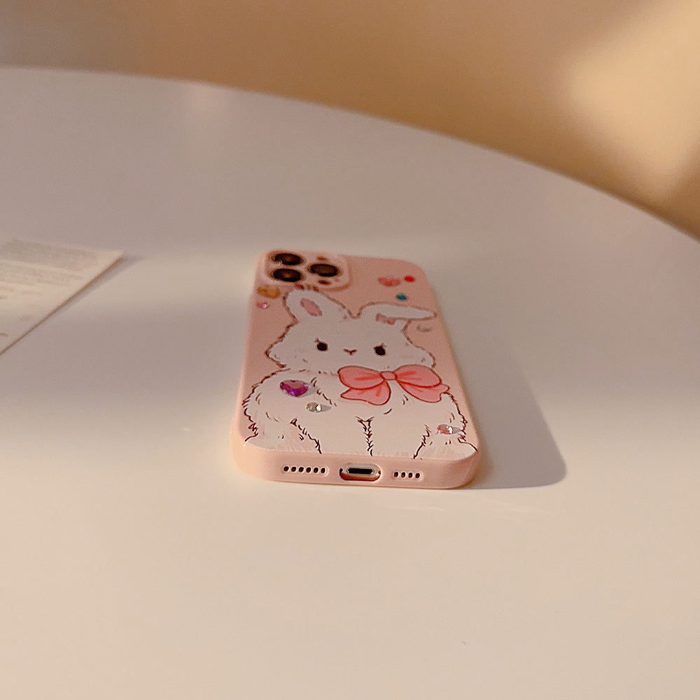 IPHONE Ins DIY Berlian Berwarna Lucu Kelinci Pink Kartun Silikon Case Untuk Iphone14 11 12 13 PRO MAX Casing Cover Pelindung AT0168