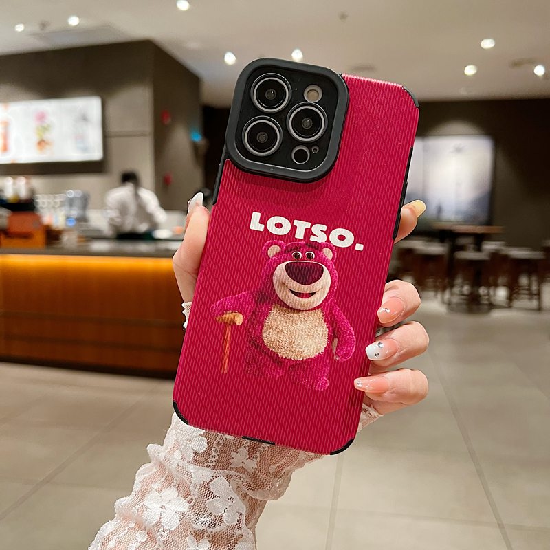 【Lamb Skin】So Cute Strawberry Bear LOTOSO Leather Soft Case for IPhone 7 Plus 8 Plus X XS XR XS Max 11 13 12 14 PRO Max 14 Plus for Girl Women's Gift casing hp Missconnie