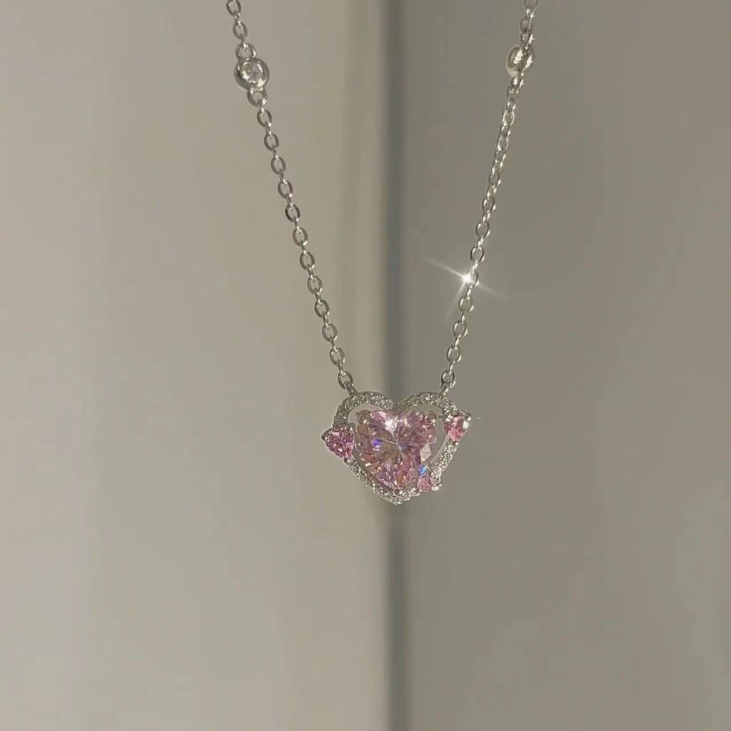 Y2k Crystal Necklace Pink Diamond Kalung Liontin Aesthetic Untuk Wanita Aksesoris Perhiasan