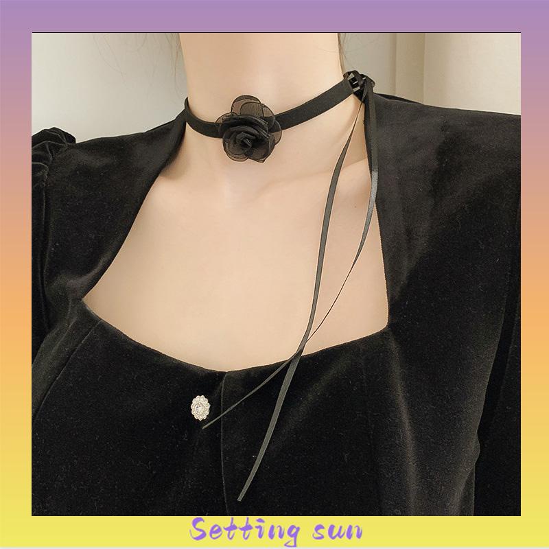 Waktu Seksi Choker Kerah Perhiasan Retro-Hitam Renda Camellia Kalung Pesta Makan Malam Neck-Band Wanita Fashion Adjustable Neckl TN