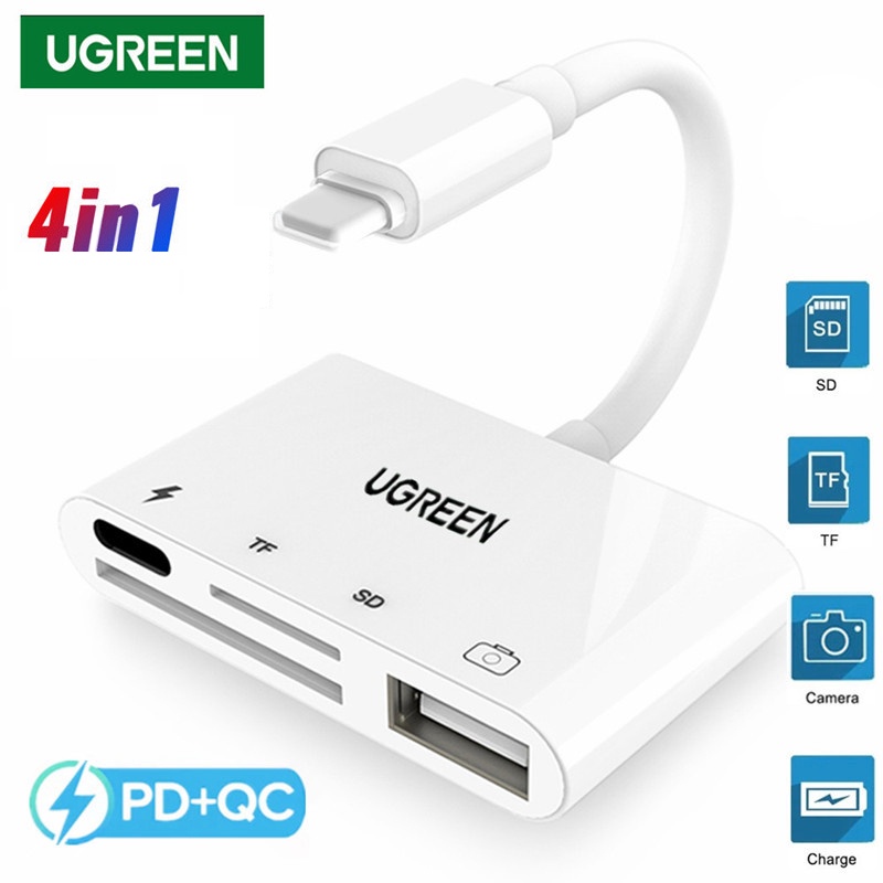 Ugreen 4in1 SD TF Memory Card OTG Adapter 8pin Ke SD TF USB Card Reader PD Charging Converter Untuk Kamera Ponsel