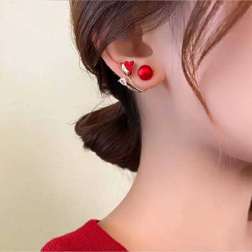 Deartiara Sepasang Anting Mutiara Imitasi Bunga Tulip Retro Merah Dengan Anting High-end Dan Bergaya