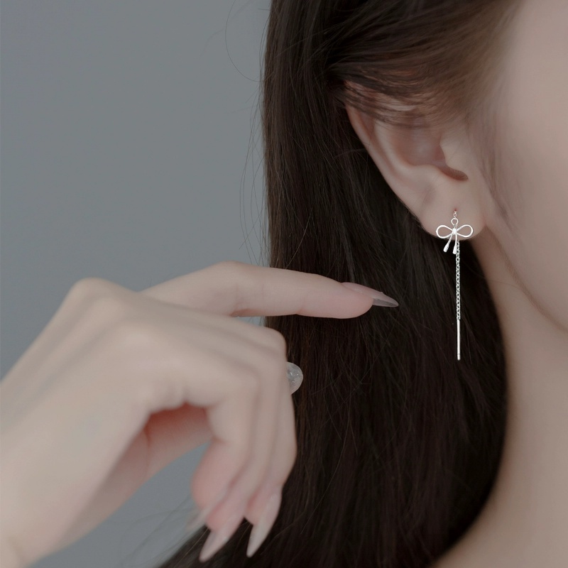 Papaozhu Elegan S925 Perak Berongga Busur Rumbai Rantai Drop Anting-Anting Untuk Wanita Perempuan Temperamen Ikatan Simpul Menjuntai Anting-Anting Chic Telinga Perhiasan Pacaran