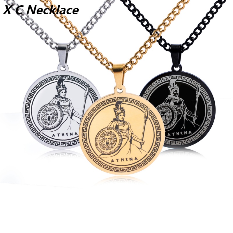 [X C Kalung] Emas &amp; Perak Baru Hip-hop Punk Retro Yunani Mitologi Dewi Athena Titanium Steel Liontin Kalung Anti Karat Untuk Pria Dan Wanita Hadiah Liburan Perhiasan