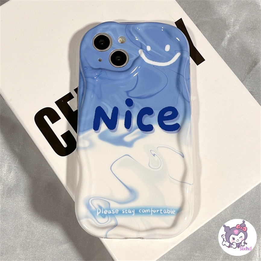 IPHONE Ins Biru Putih Patchwork Smile Kompatibel Untuk Iphone14 13 12 11 Pro Max SE 2020 X XR Xs Max 7-8 6 6s Plus Wave Edge Phone Case Silikon Lembut Perlindungan Anti Jatuh Back Cover