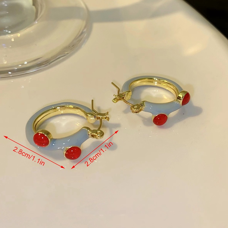 Fashion Retro Kabut Biru Drip Minyak Anting Bulat Untuk Wanita Mewah Merah Kristal Anting Hoop Perempuan Pesta Pernikahan Perhiasan Hadiah