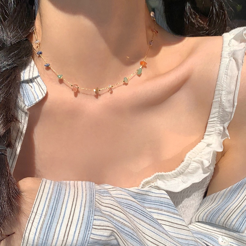 Kami Bunga Vintage Warna-Warni Manik-Manik Batu Alam Choker Kalung Untuk Wanita Gadis Liburan Musim Panas Trendi Manik-Manik Pelangi Pendek Rantai Kalung Perhiasan Aksesoris