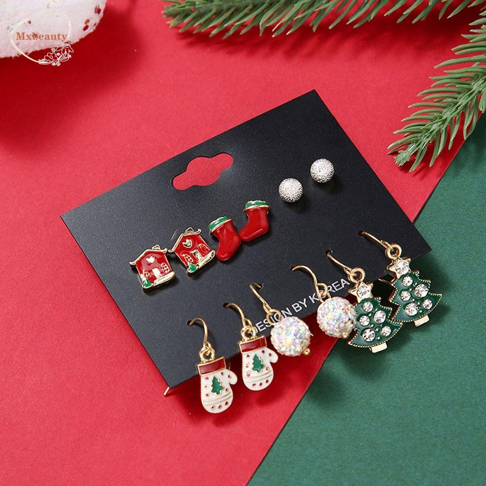 Mxbeauty Set Anting Natal Warna-Warni Berlian Imitasi ELK Perempuan Snowman Ear Stud Bell Perhiasan Fashion