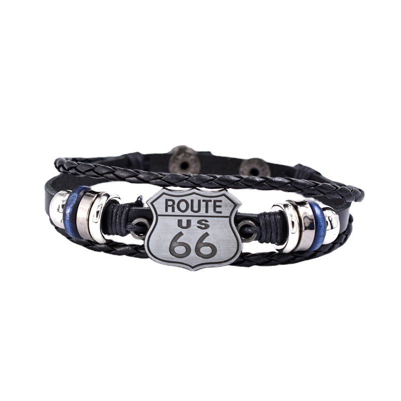 [X C Gelang] Baru US Route66Ibu Jalan Gelang Hitam Kulit Vintage Hip Hop Punk Kulit Gelang Lengan Manik-Manik Multilayer Zinc Alloy Anyaman Gelang