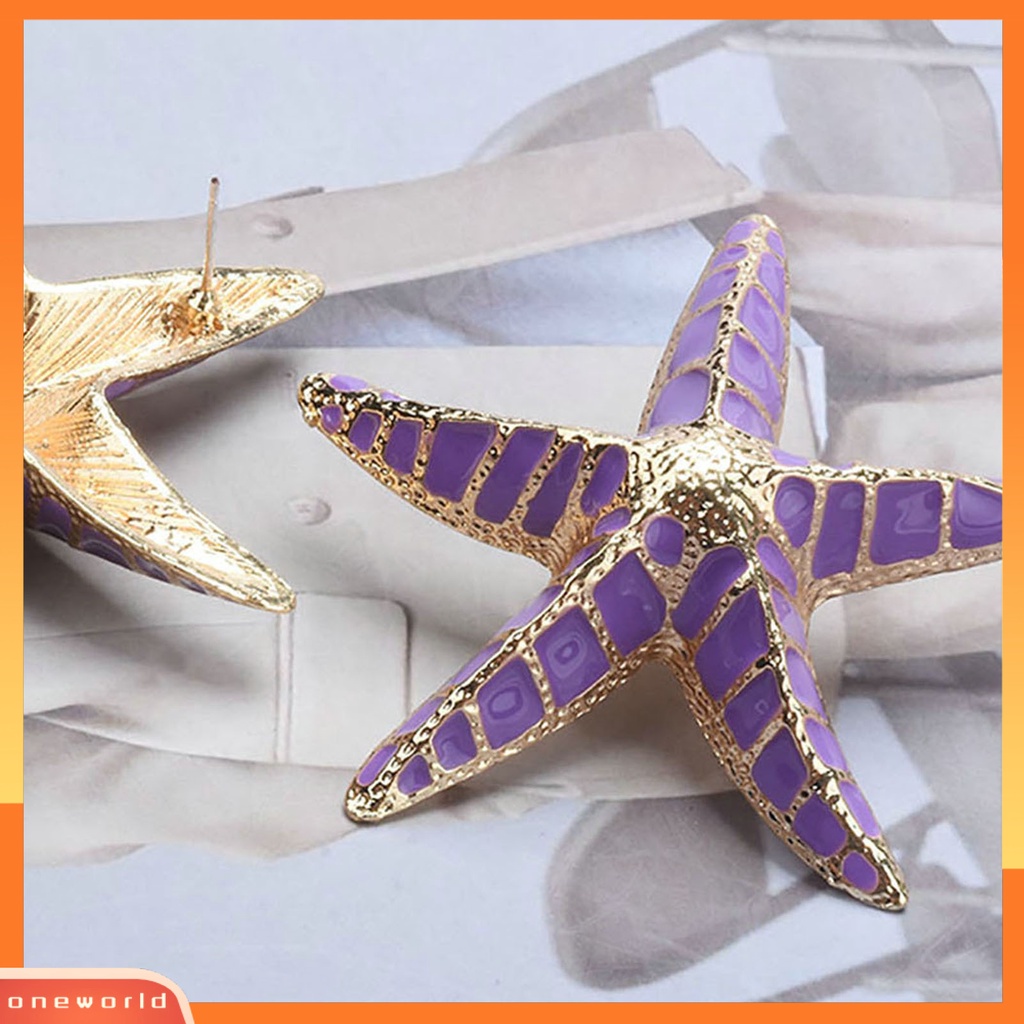 [EONE] 1pasang Wanita Ear Studs Bentuk Bintang Laut Vintage Besar 3D Warna Kontras Dekorasi Telinga Ungu Bohemia Pantai Lady Earrings Perhiasan Aksesoris