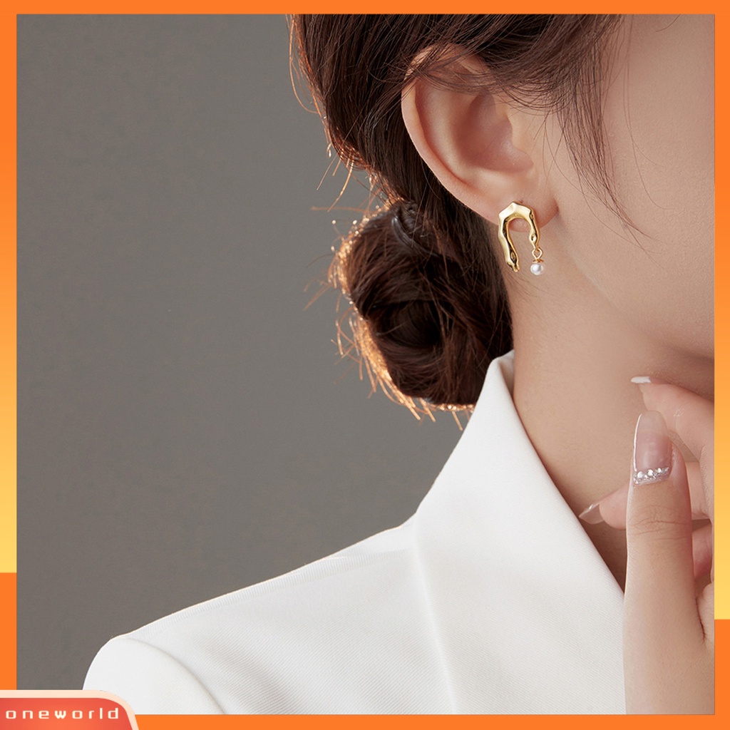 [EONE] 1pasang Ear Studs Geometric Irregular Electroplating High Polished Faux Pearl Hias Hypoallergenic Asimetris Wanita Modern Stud Earrings Perhiasan Aksesori