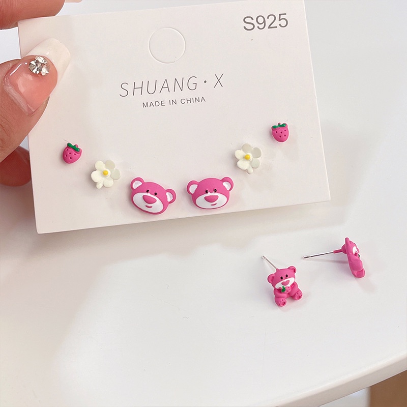 S925 Silver Needle Pink Lucu Strawberry Bear Ear Stud Set