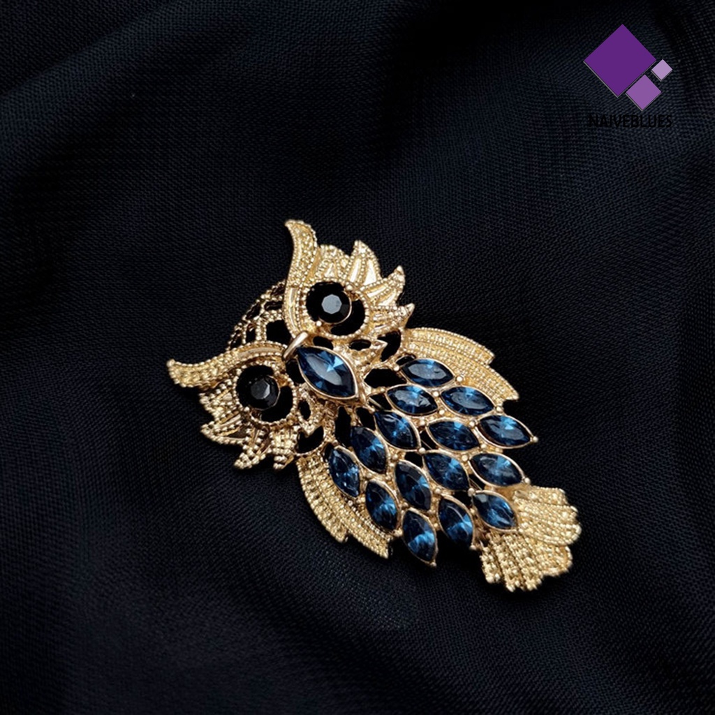 &lt; Naiveblues &gt; Burung Hantu Bros Kepribadian Vintage Elegan Berlian Imitasi Bertatahkan Pria Wanita Bisnis Kerah Pin Fashion